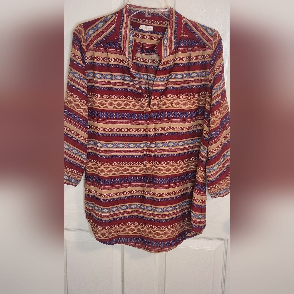 Antilia Femme L Multiclrd RollUpSlv 1/2 ButtonsGeometricPrint Pocket Women Shirt